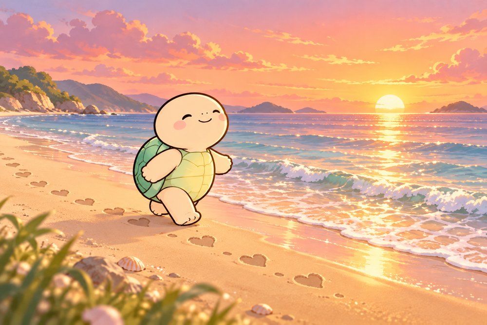 夕方の砂浜をリズミカルに散歩するカメ
