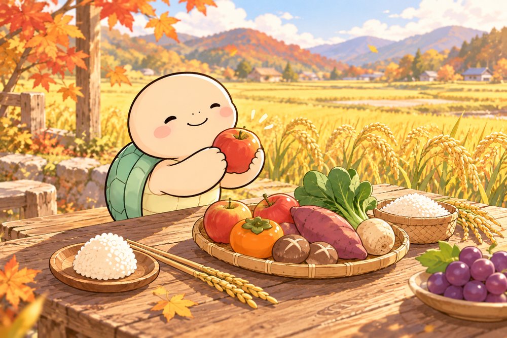 秋の田んぼのそばで食事の材料をそろえるカメ