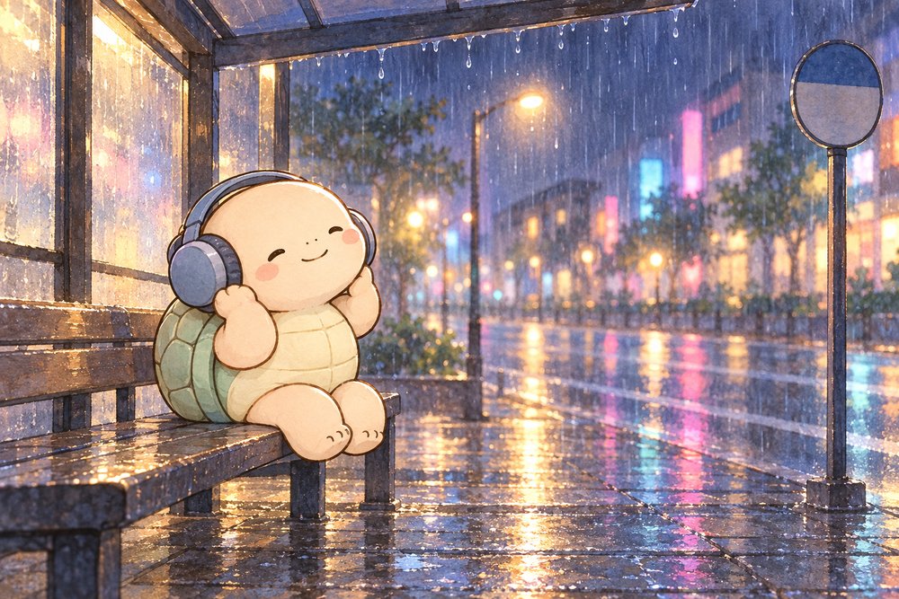 雨の夜のバス停でヘッドホンで音楽を聴くカメのナビ助