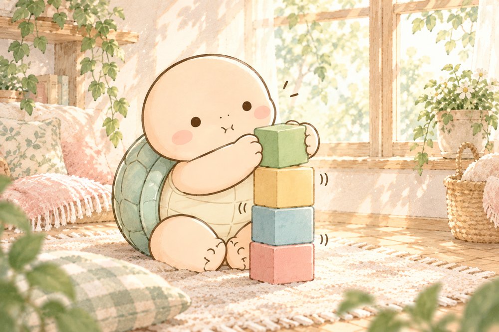 積み木で言葉の組み立て手順をたとえるカメのナビ助