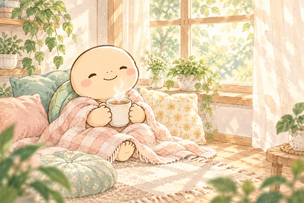 毛布にくるまってほっと一息つくカメのナビ助