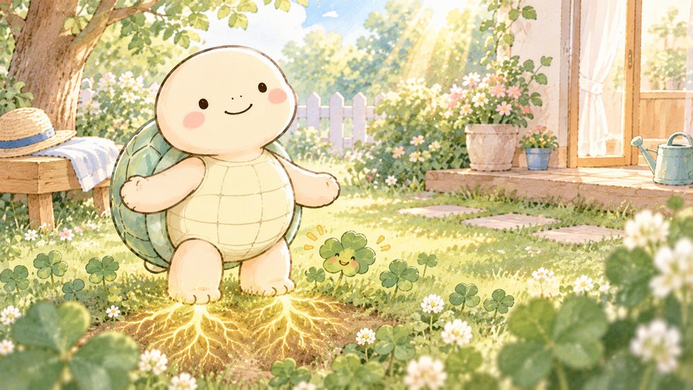 はだしの足の裏を芝生につけて今ここを感じる亀のナビ助