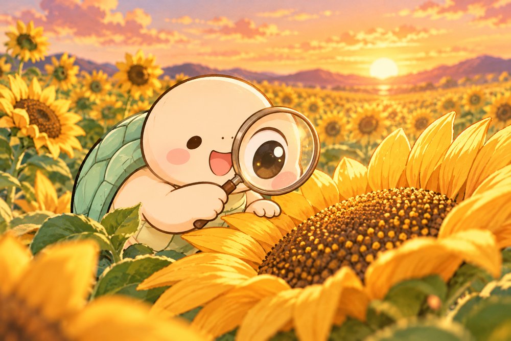 ひまわり畑で花の中心を虫めがねでのぞくカメ