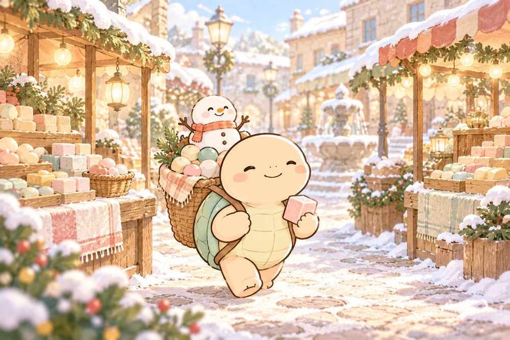雪のマルシェでかごに買い物を入れるカメ