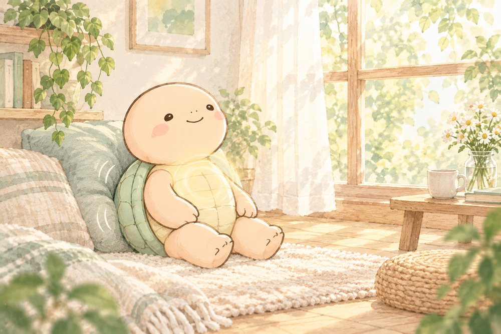 座って深呼吸をととのえるカメのナビ助