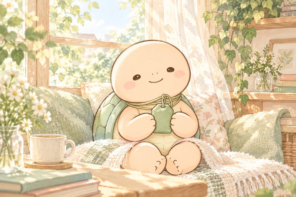 お守りを手のひらにのせてほっとするカメのナビ助