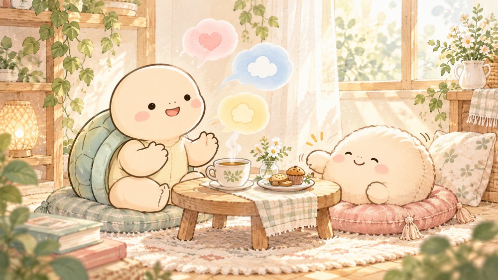 聞き役のクッションとお茶を囲んでゆっくり気持ちを話す亀のナビ助