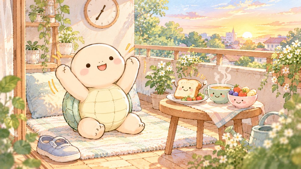 朝の光の中で深呼吸して小さな習慣を始める亀のナビ助
