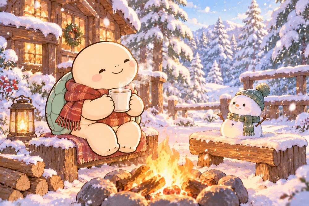 雪の山小屋のたき火で聞き役の雪だるまと話すカメ