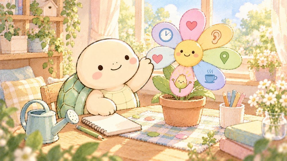 花びらのポイントを1枚ずつ確かめて自分に合う場所を考える亀のナビ助