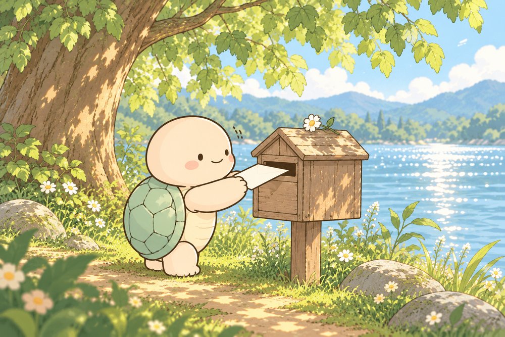 湖のほとりで封筒をそっとポストに入れるカメ