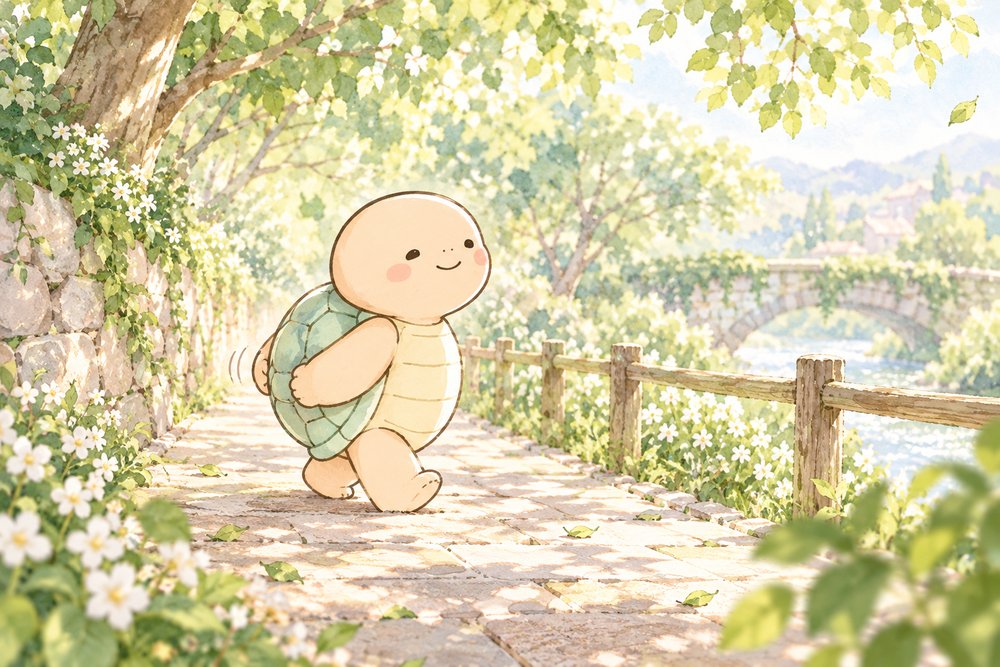 木漏れ日の遊歩道を散歩するカメのナビ助