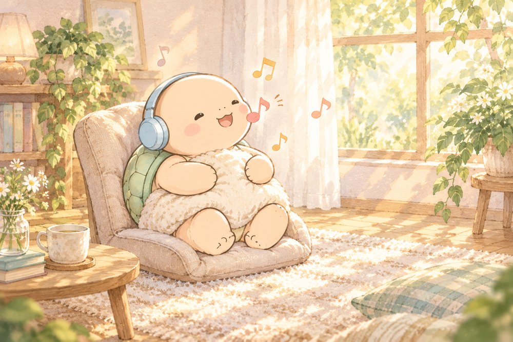座椅子でクッションを抱いて音楽を聴くカメのナビ助
