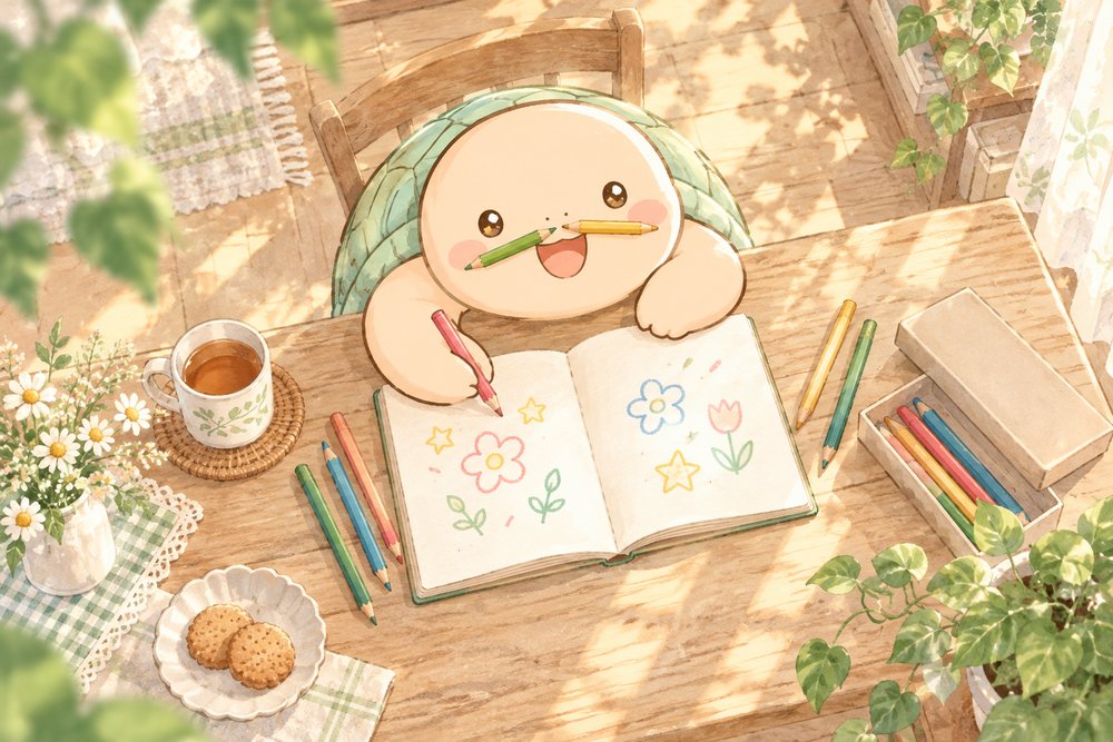 ノートに花と星の落書きをするカメのナビ助