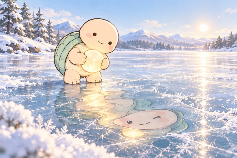 凍った湖の光の玉でゆがんだ姿を確かめるカメ