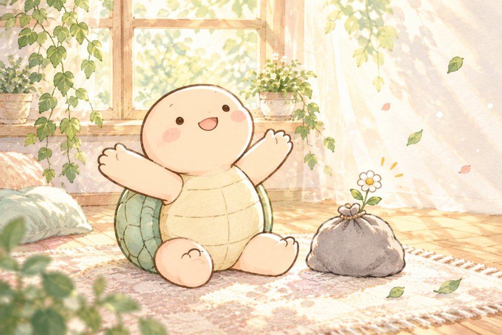 重い袋を手放して身軽になるカメのナビ助