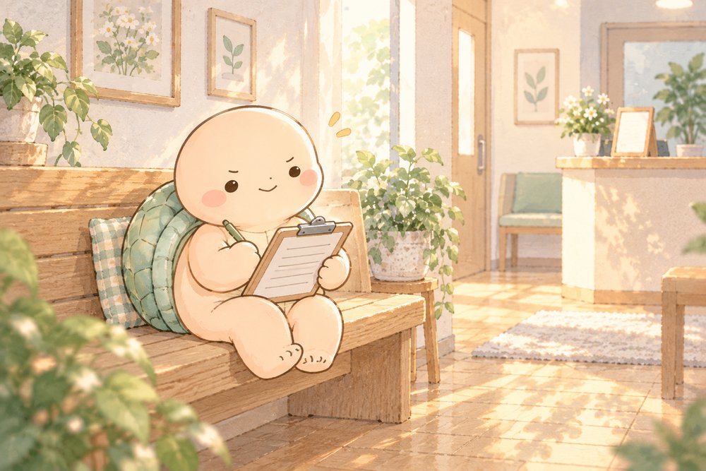 クリニックの待合室で問診票を書くカメのナビ助