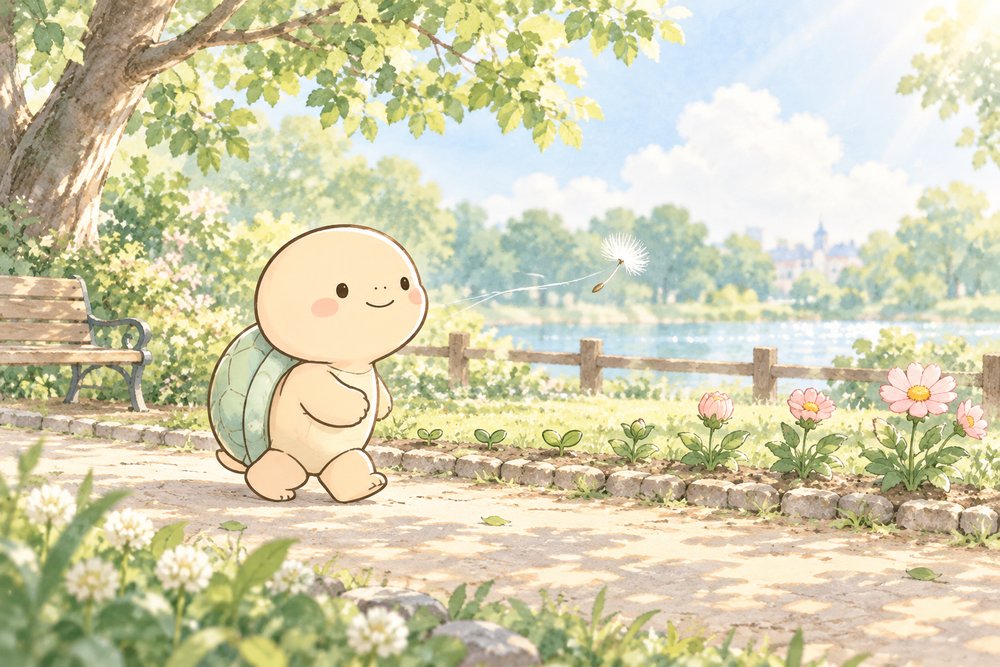 芽から花へ育つ小道をゆっくり散歩するカメのナビ助
