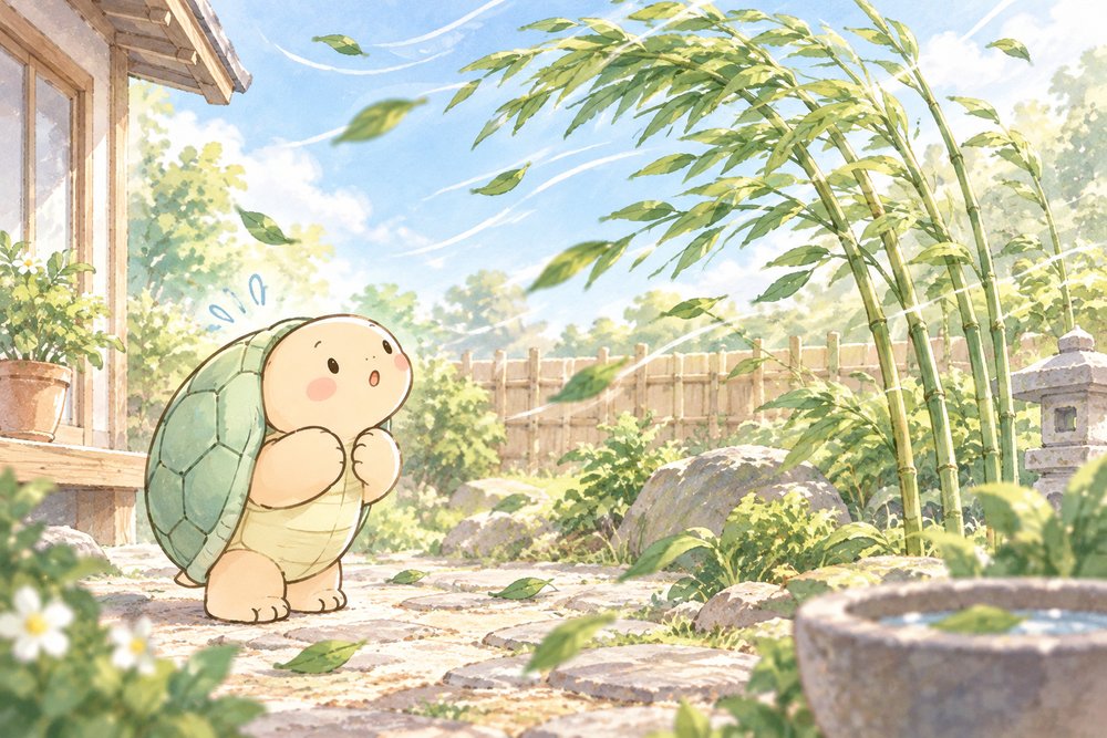 風にしなっても折れない竹に感心するカメのナビ助