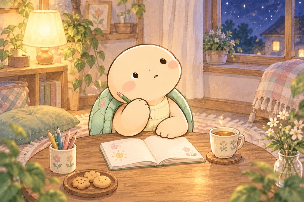 夜にノートへその日のよかったことを書き出すカメのナビ助