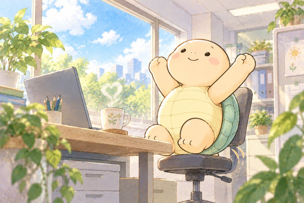 仕事の合間に大きく伸びをしてひと息つくカメのナビ助