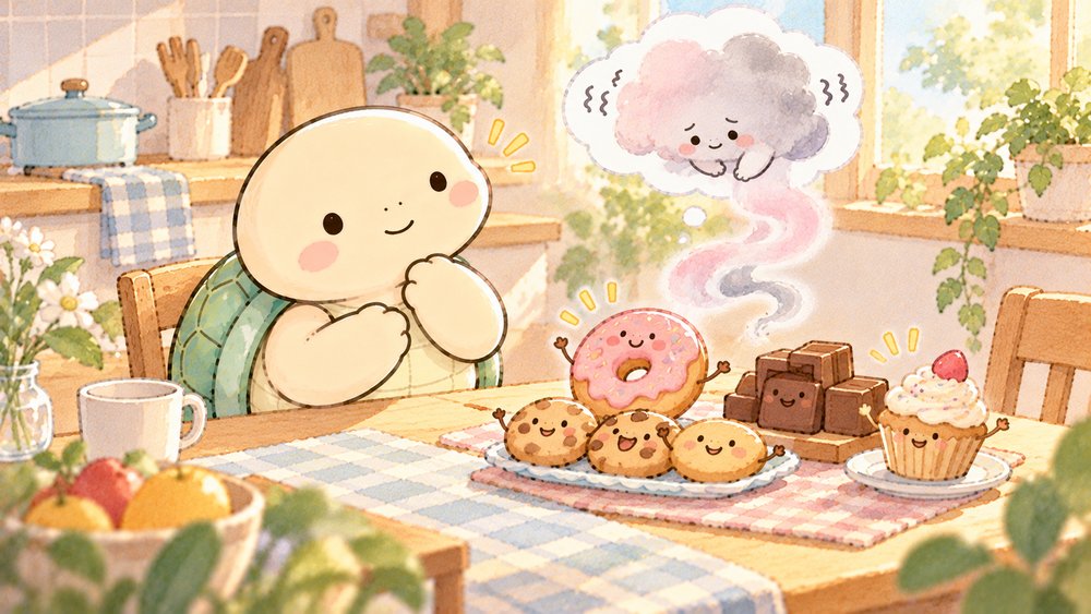 ストレスの雲とお菓子たちを見て気づく亀のナビ助