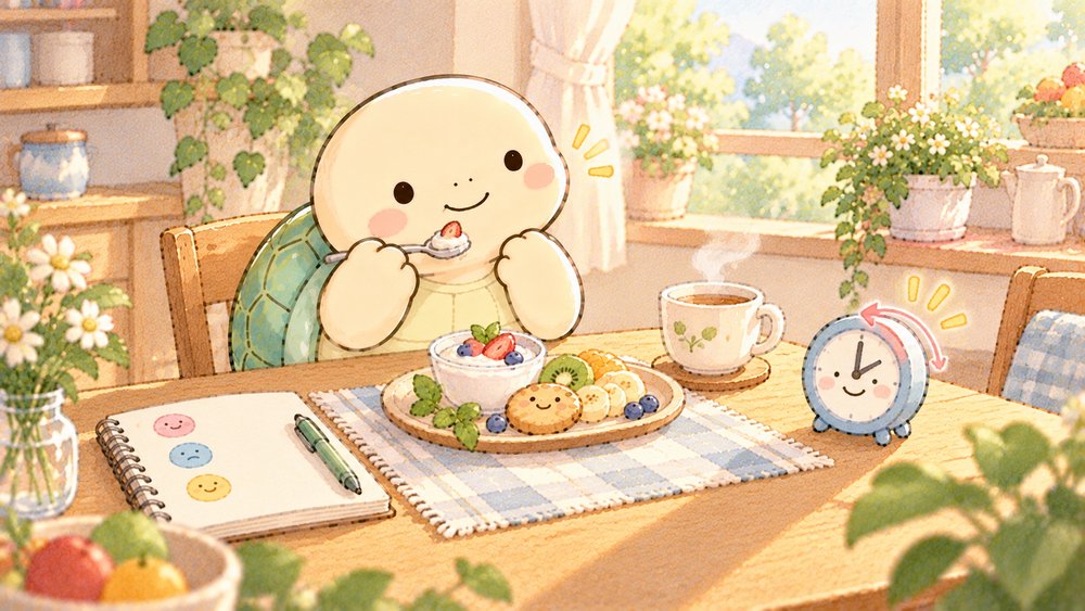 ゆっくり味わって気持ちをノートに書きとめる亀のナビ助