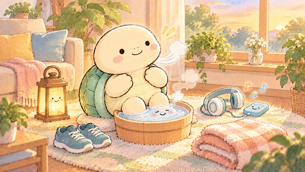 足湯でほっとして息抜きのルートを考える亀のナビ助