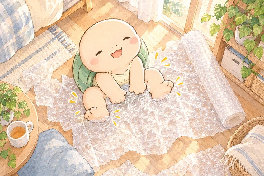 プチプチを手と足でつぶしてすっきりするカメのナビ助