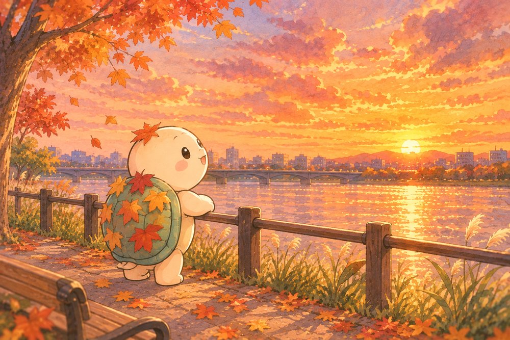 仕事終わりに川沿いで夕焼けに見とれるカメのナビ助