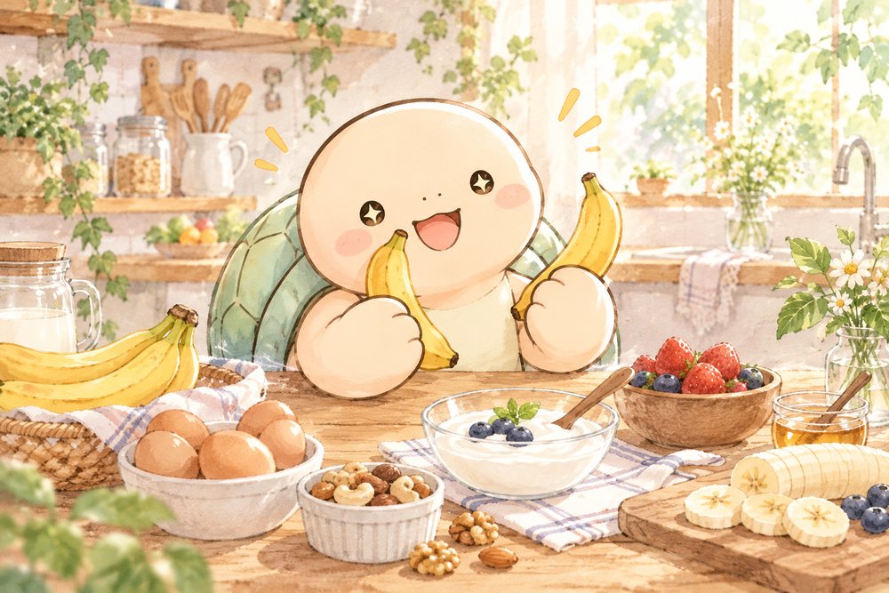 バナナを手に食材を選んでわくわくするカメのナビ助