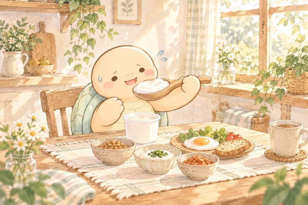 大きなスプーンでヨーグルトを食べようとするカメのナビ助